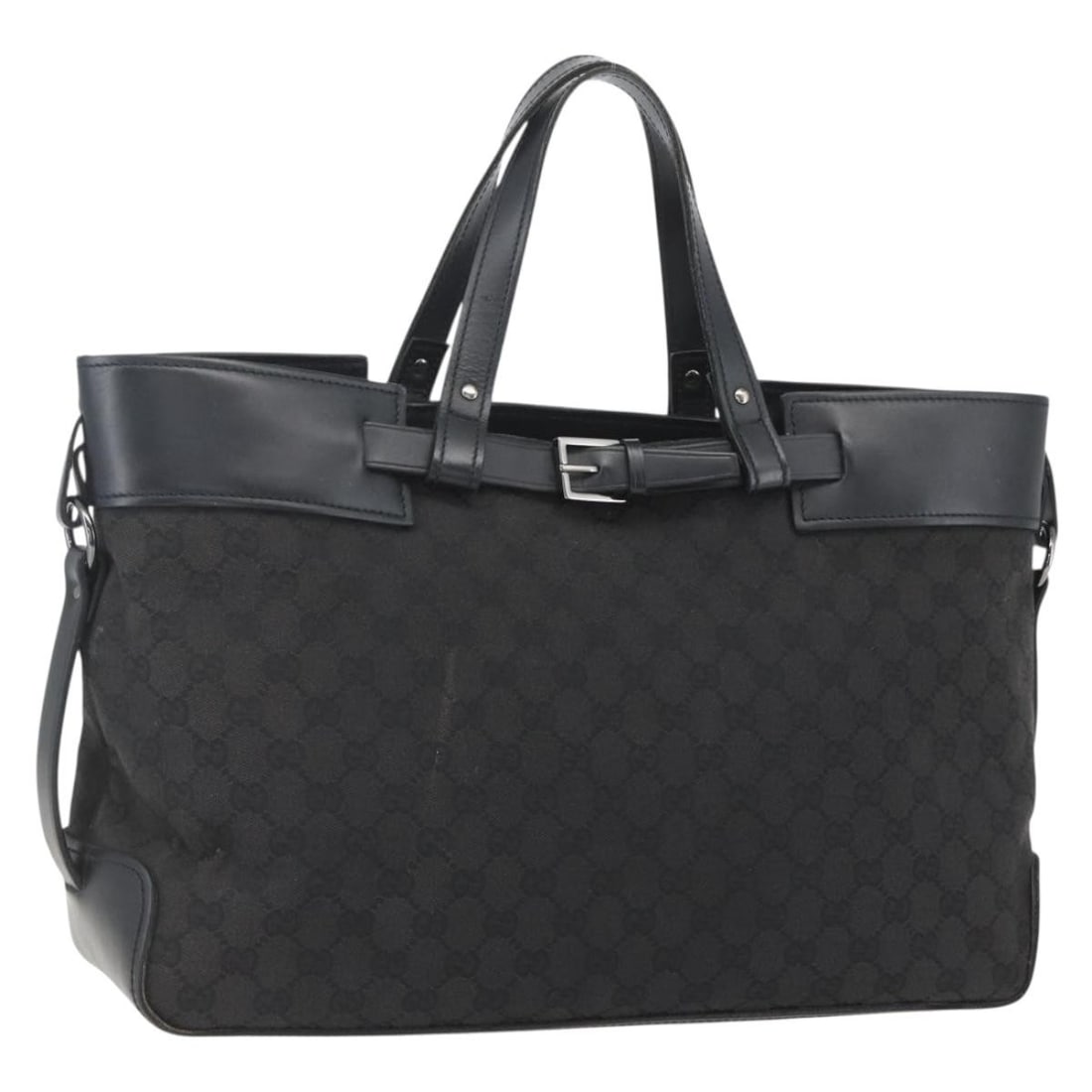 Black GG Canvas Gucci Tote with Silver Accents Model 106251: Black GG Canvas Gucci Tote with Silver Accents Model 106251 This authentic GUCCI GG Canvas Tote Bag features a black and silver GG canvas exterior, offering a spacious and practical design suitable fo