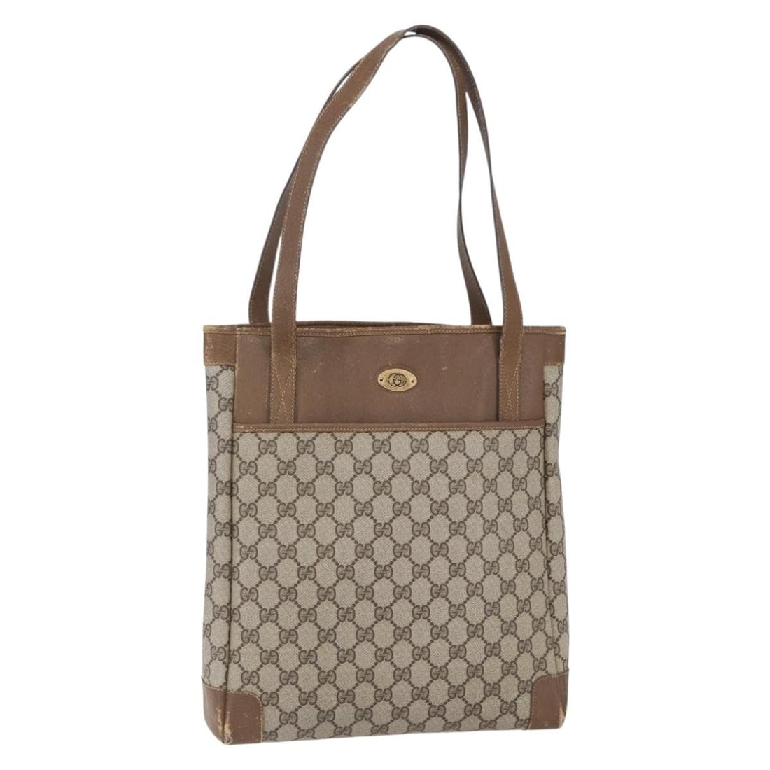 GUCCI GG Supreme Beige Gold Tote Bag PVC Auth 002 115 0035: GUCCI GG Supreme Beige Gold Tote Bag PVC Auth 002 115 0035 This GUCCI GG Supreme Tote Bag is a stylish accessory crafted from durable PVC leather in a sophisticated beige and gold color combination. M