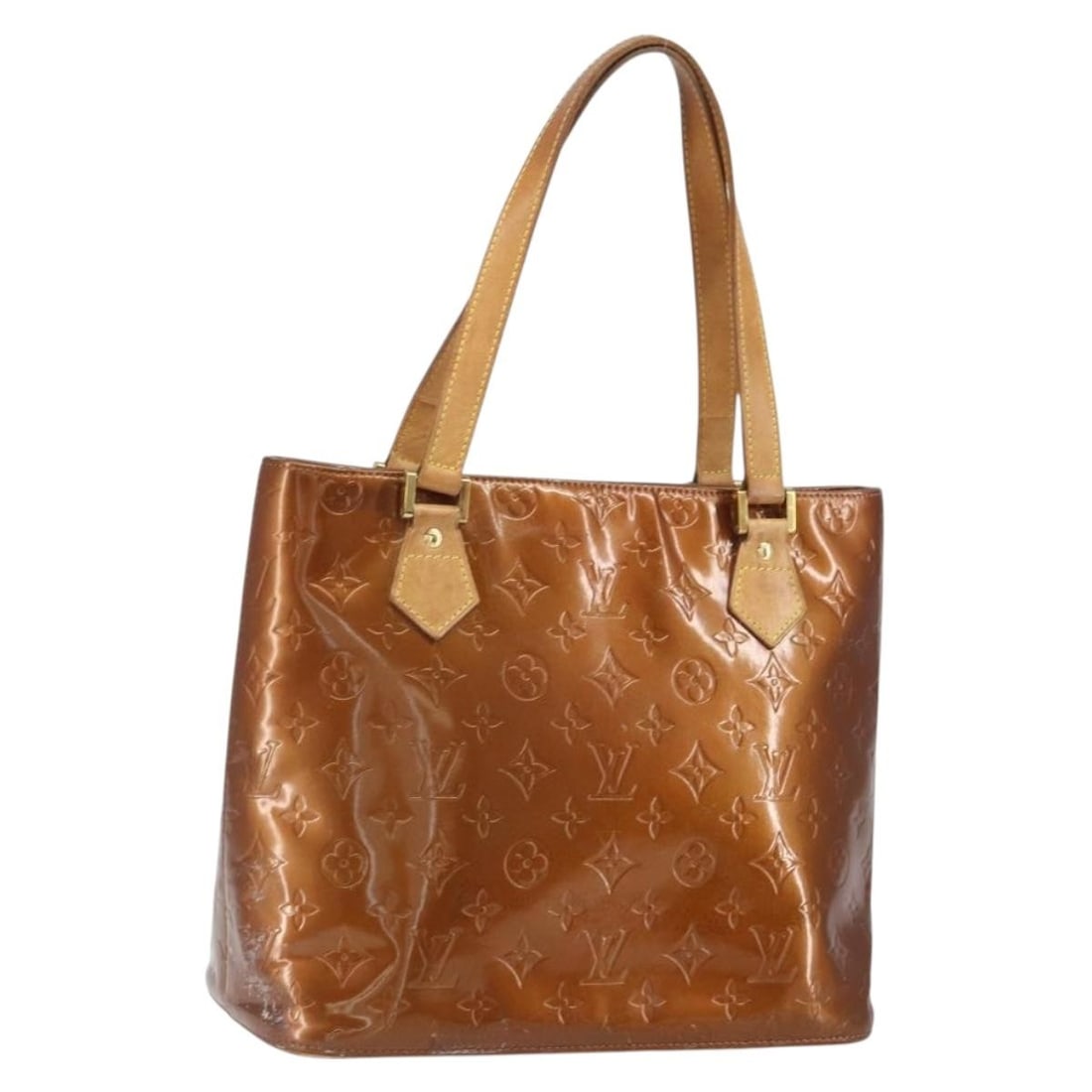 Louis Vuitton Houston Bronze Patent Leather Monogram Handbag M91122: Louis Vuitton Houston Bronze Patent Leather Monogram Handbag M91122 This Louis Vuitton Monogram Vernis Houston handbag features a bronze patent leather exterior and is crafted in Spain. The bag measur