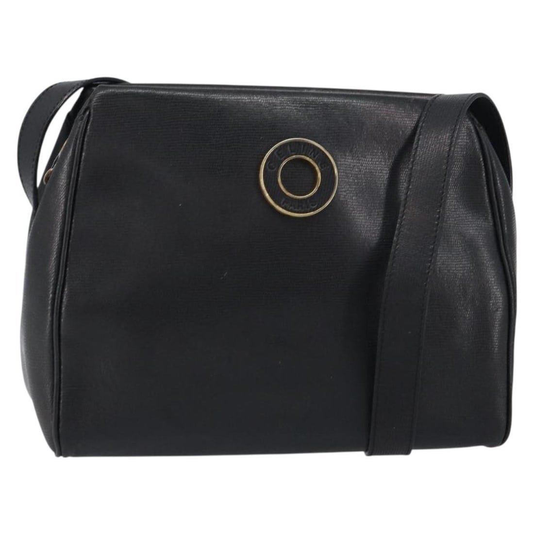 Celine Black Leather Circle Shoulder Bag with Gold Accents: Celine Black Leather Circle Shoulder Bag with Gold Accents This Celine Circle shoulder bag features a black leather exterior with gold-tone accents. Crafted in Italy, the bag is designed with a struct