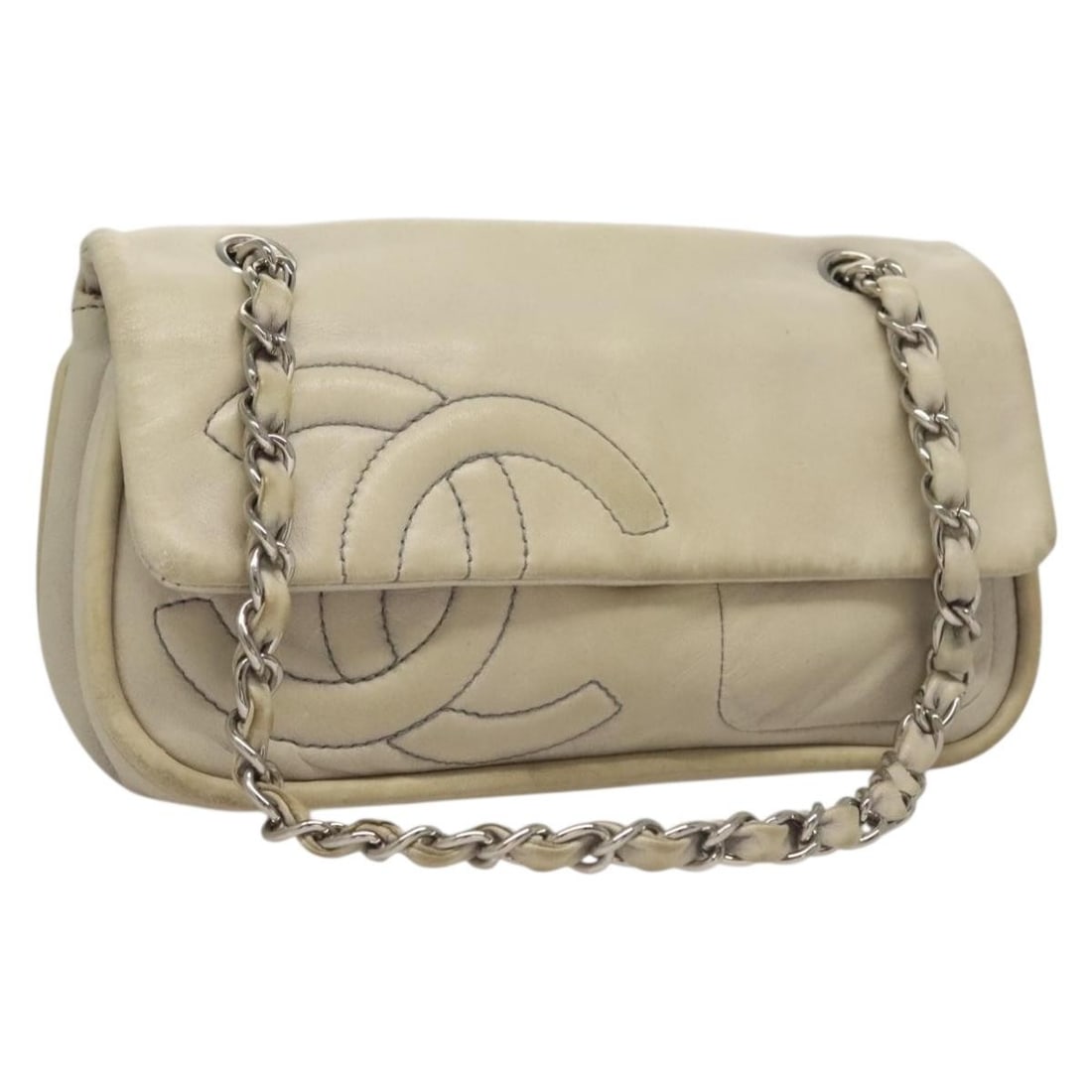 CHANEL Ivory Silver Lamb Skin Chain Shoulder Bag Authentic (1 of 18)