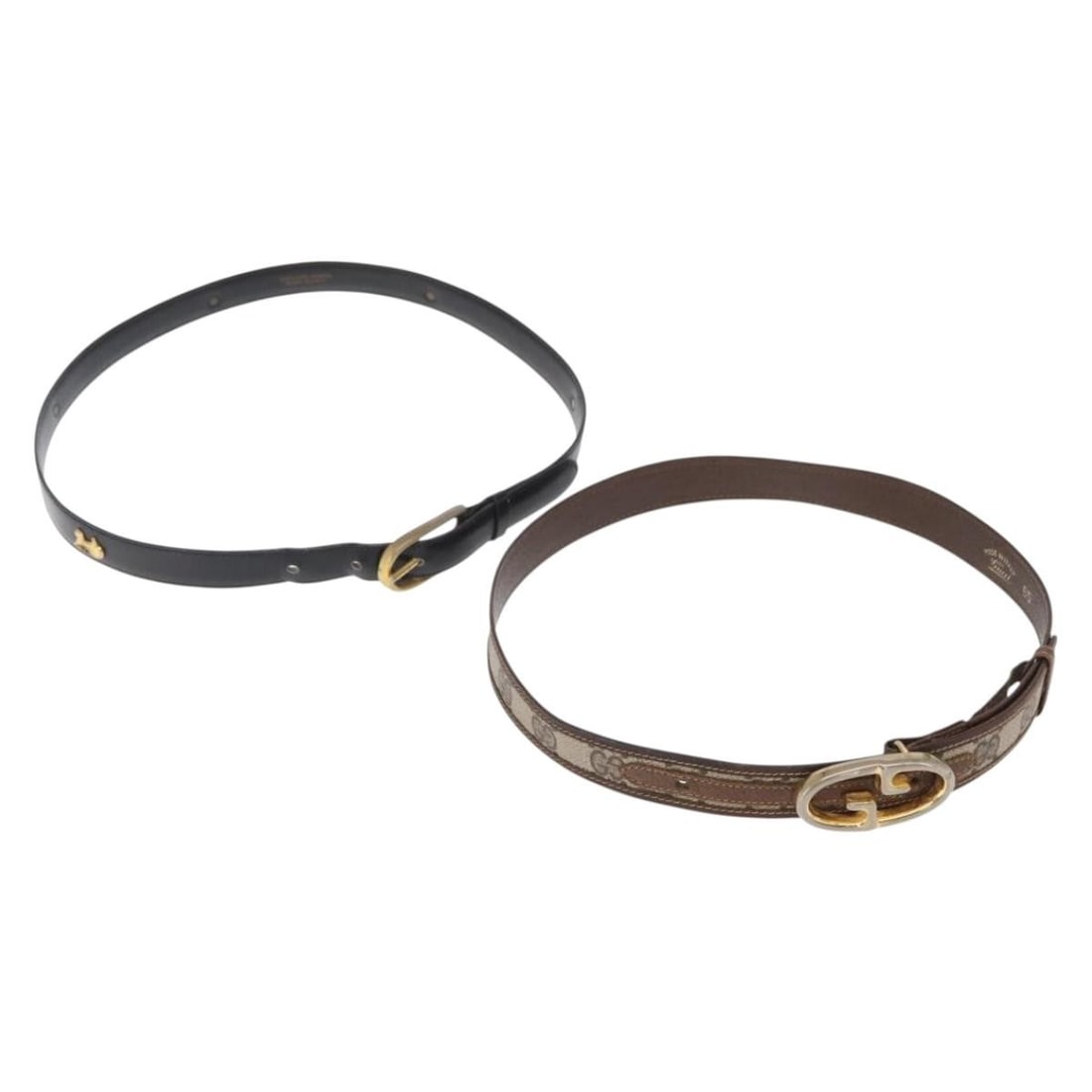 Set of 2 Gucci GG Supreme and Leather Belts Black Beige Italy: Set of 2 Gucci GG Supreme and Leather Belts Black Beige Italy This set includes two authentic Gucci Celine GG Supreme belts crafted from black and beige leather with GG canvas detailing. The belts are
