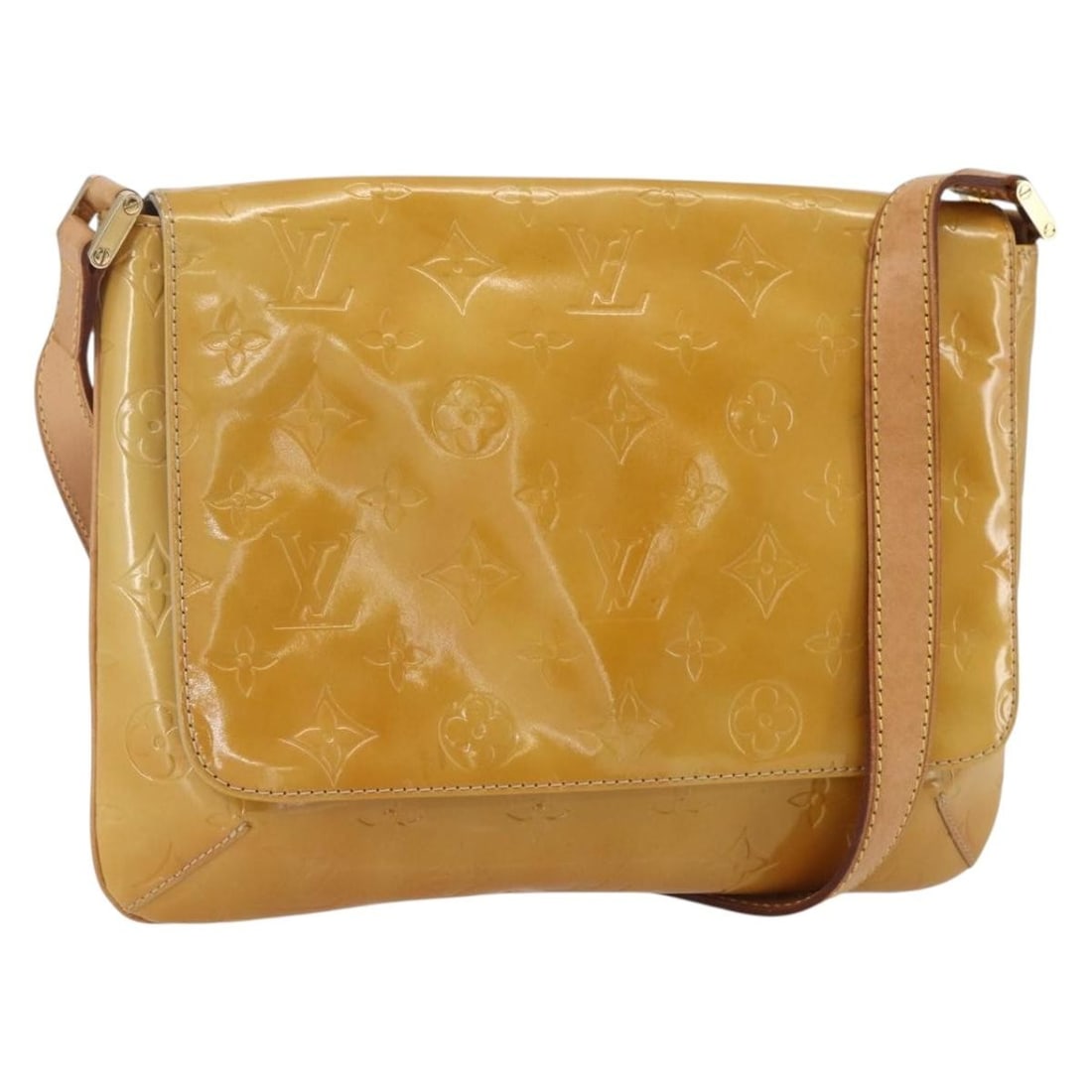 Beige Patent Vernis Thompson Street Shoulder Bag by Louis Vuitton M91301: Beige Patent Vernis Thompson Street Shoulder Bag by Louis Vuitton M91301 This is a Louis Vuitton Monogram Vernis Thompson Street shoulder bag in beige patent leather. The bag features an adjustable sh