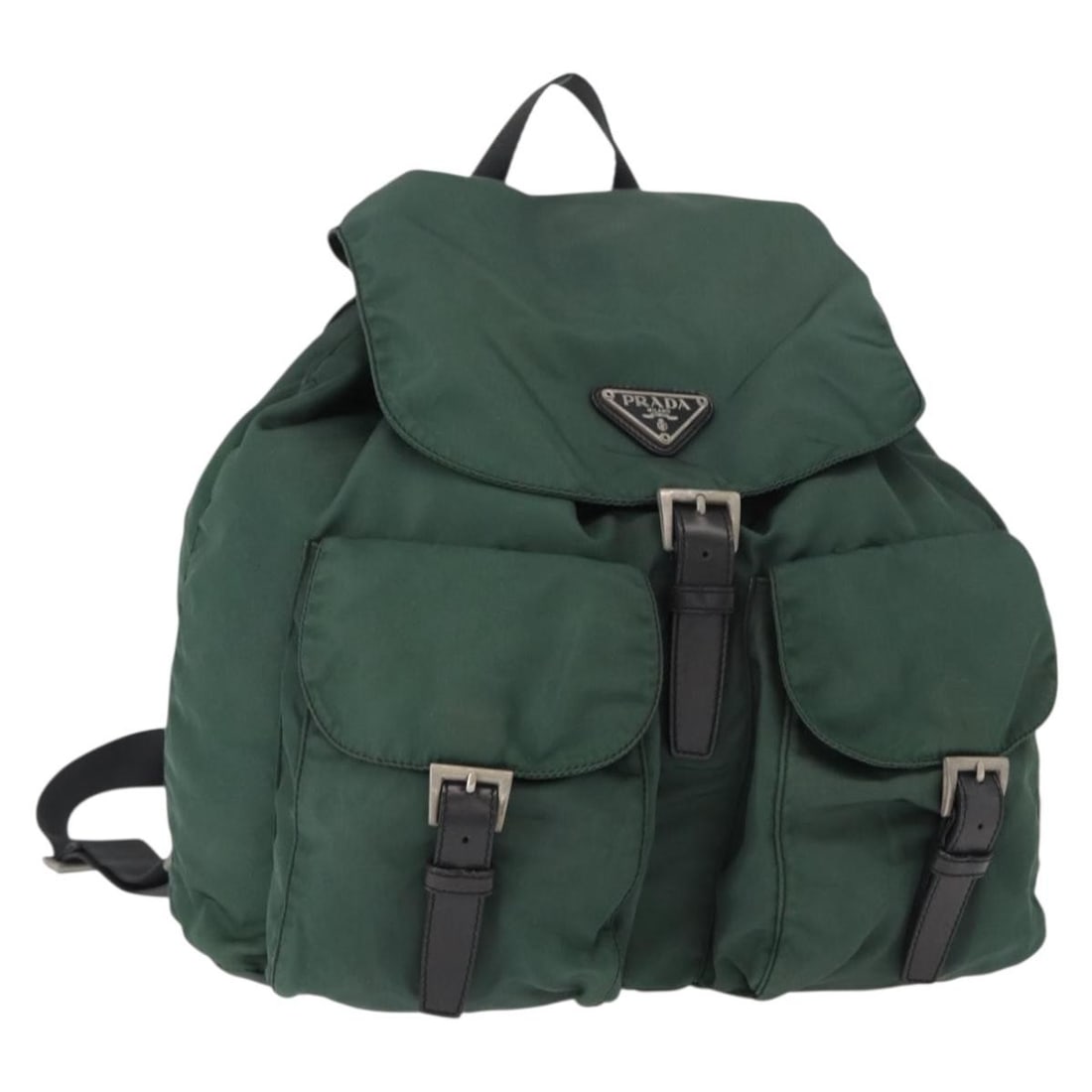Green Nylon Prada Backpack with Silver Accents Made in Italy: Green Nylon Prada Backpack with Silver Accents Made in Italy This PRADA backpack is crafted from green and silver nylon and features a classic, functional design. Made in Italy, the bag showcases a sp