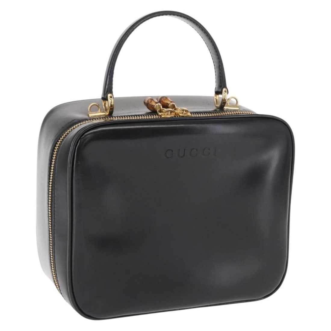 Gucci Black Patent Leather Vanity Handbag Gold 000 2040 0323: Gucci Black Patent Leather Vanity Handbag Gold 000 2040 0323 This is a Gucci vanity hand bag crafted from black patent leather with gold-tone accents. The bag features a structured silhouette with a s