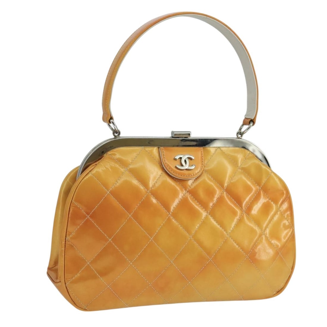 CHANEL Gamaguchi Orange Patent Leather Hand Bag Made in France: CHANEL Gamaguchi Orange Patent Leather Hand Bag Made in France This CHANEL Gamaguchi Hand Bag is a statement piece crafted in vibrant orange patent leather, showcasing the iconic CC logo. Designed wit