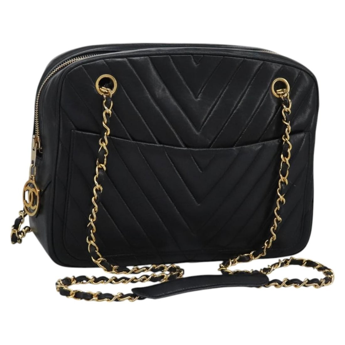 CHANEL Black Gold Lambskin Chain V Stitch Shoulder Bag Auth (1 of 18)
