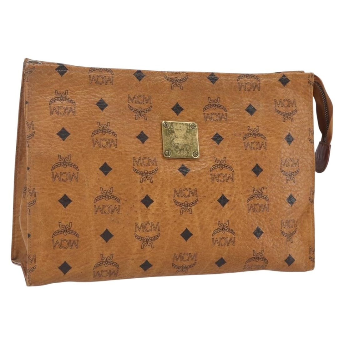 MCM Vicetos Logogram Brown PVC Leather Clutch Bag Gold Hardware Germany: MCM Vicetos Logogram Brown PVC Leather Clutch Bag Gold Hardware Germany This is an authentic MCM Logogram Vicetos clutch bag crafted from brown and gold PVC leather. The bag features a structured clut