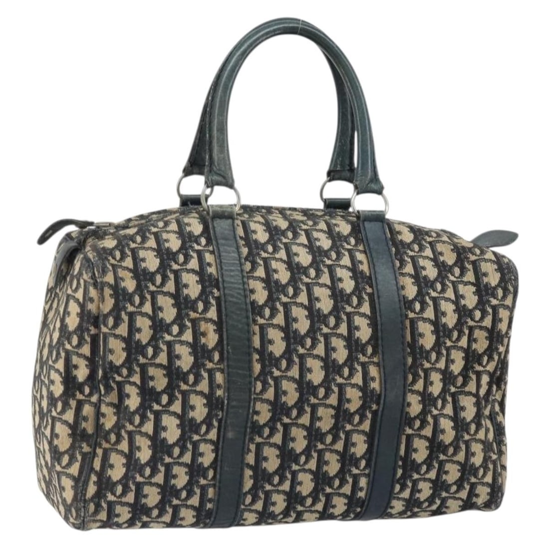 Boston Bag in Navy Trotter Canvas by Christian Dior: Boston Bag in Navy Trotter Canvas by Christian Dior This is a Christian Dior Boston Bag crafted from Trotter canvas in navy and silver tones. The bag features double handles, silver-tone accents, and