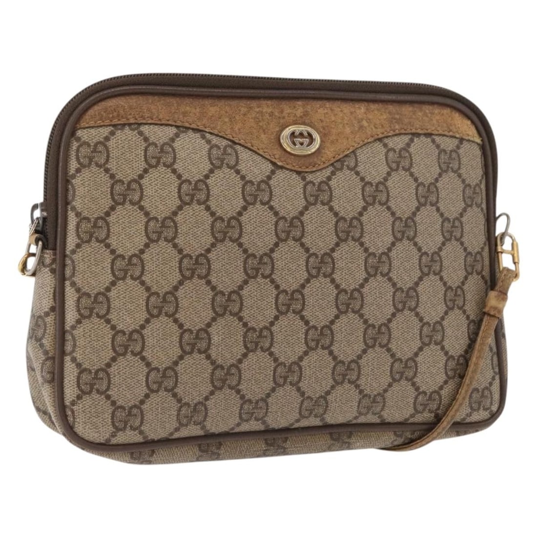 Beige GG Canvas Gucci Shoulder Bag with Gold Accents Model 97 02 068: Beige GG Canvas Gucci Shoulder Bag with Gold Accents Model 97 02 068 This is a GUCCI GG Supreme shoulder bag crafted from GG canvas in beige and gold tones. The bag features a structured silhouette wi