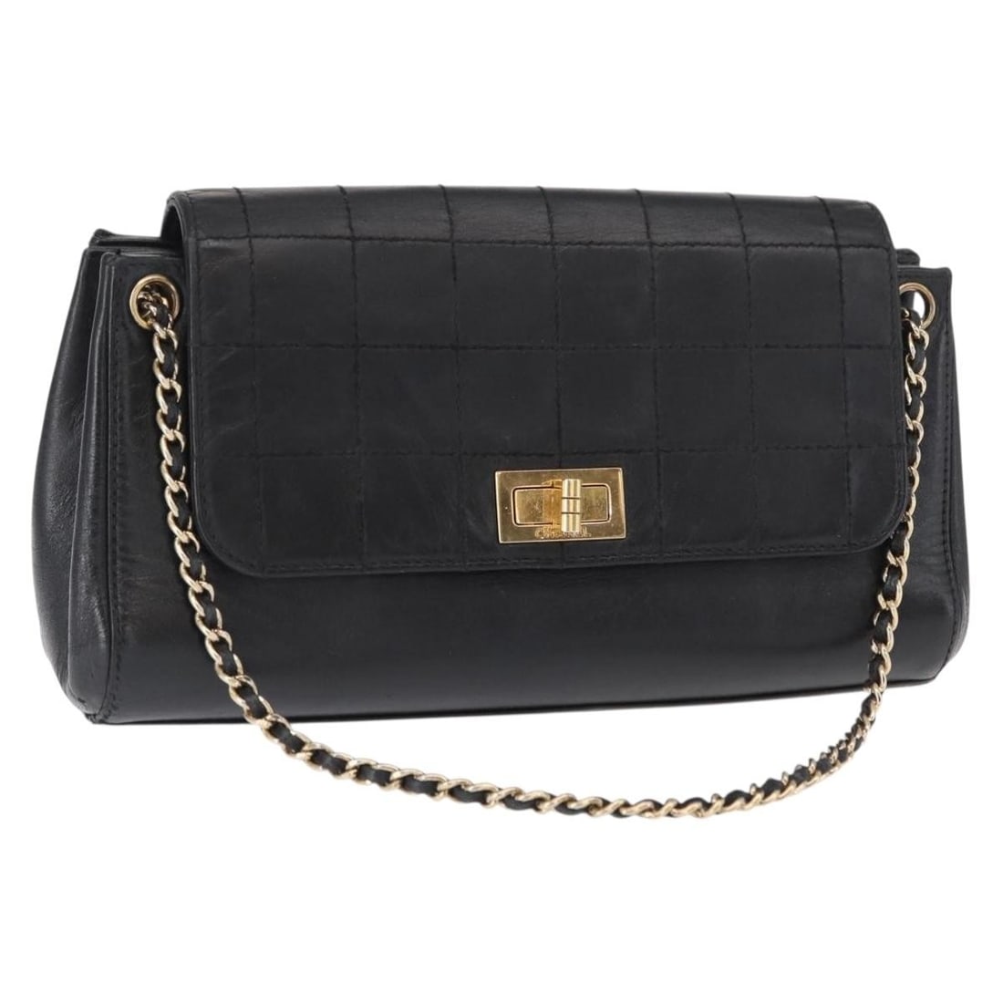CHANEL Choco Bar Black Gold Lambskin Shoulder Bag Auth 156186: CHANEL Choco Bar Black Gold Lambskin Shoulder Bag Auth 156186 This CHANEL Choco Bar Chain Shoulder Bag is a luxurious piece made from high-quality lamb skin, featuring a classic black and gold color c