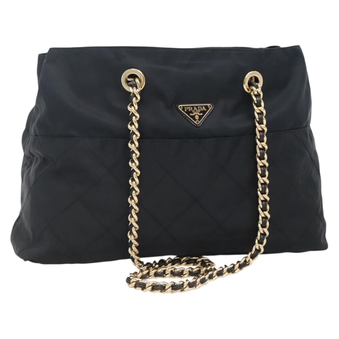 Navy Nylon Prada Shoulder Bag with Chain Strap and Gold Accents: Navy Nylon Prada Shoulder Bag with Chain Strap and Gold Accents This is a PRADA shoulder bag crafted from navy nylon with gold-tone accents. It features a chain shoulder strap and a spacious interior.