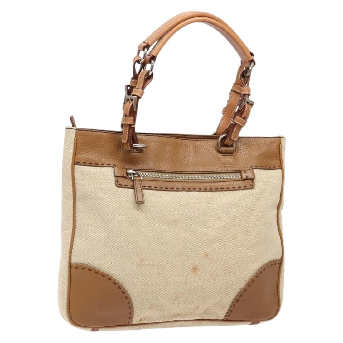 PRADA Beige Canvas Tote Bag with Silver Accents Auth 141034: PRADA Beige Canvas Tote Bag with Silver Accents Auth 141034 This authentic PRADA tote bag is crafted from durable canvas in a stylish beige and silver color combination. Offering ample space, it measu