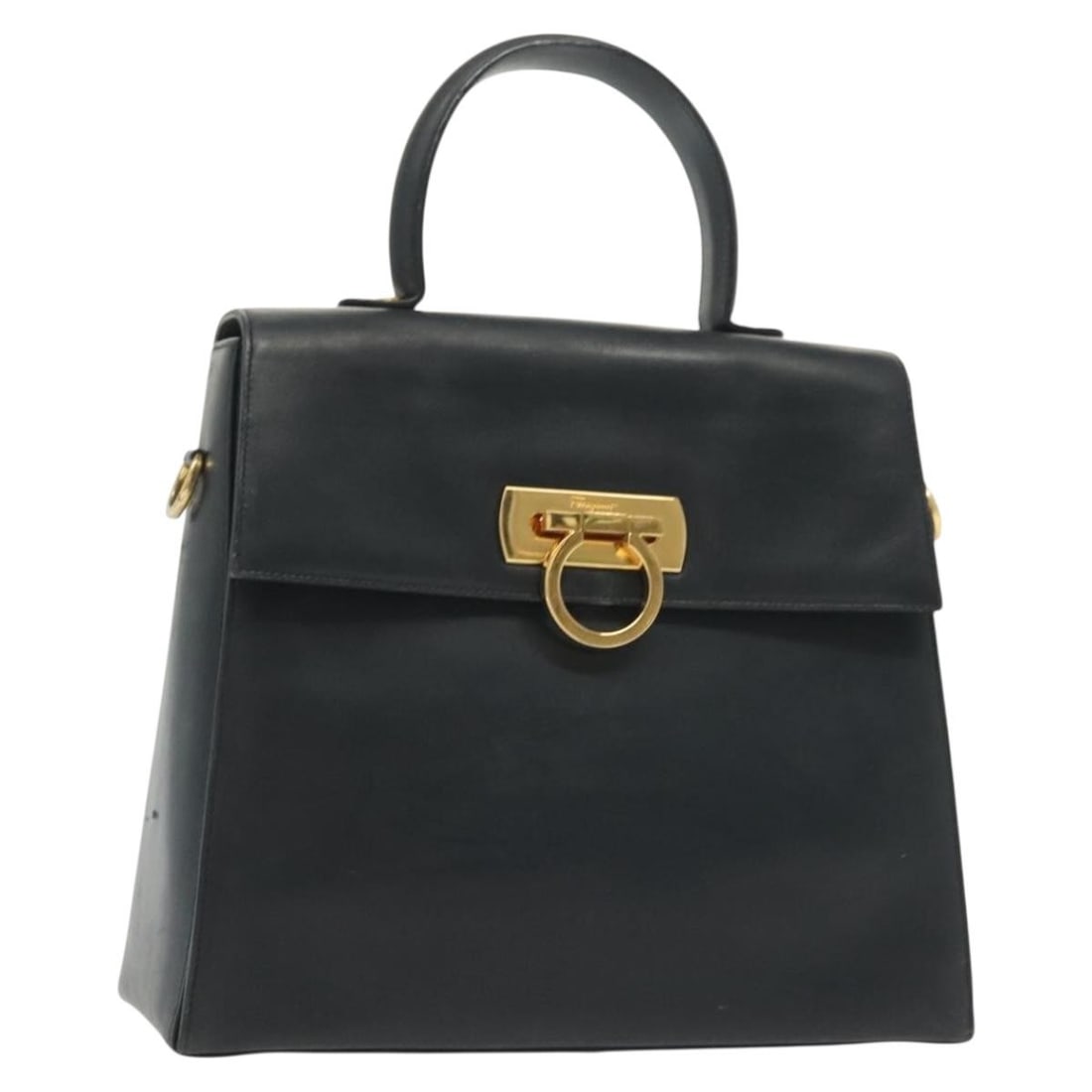 Salvatore Ferragamo Gancini Leather Hand Bag Navy Gold Authentic Italy (1 of 18)