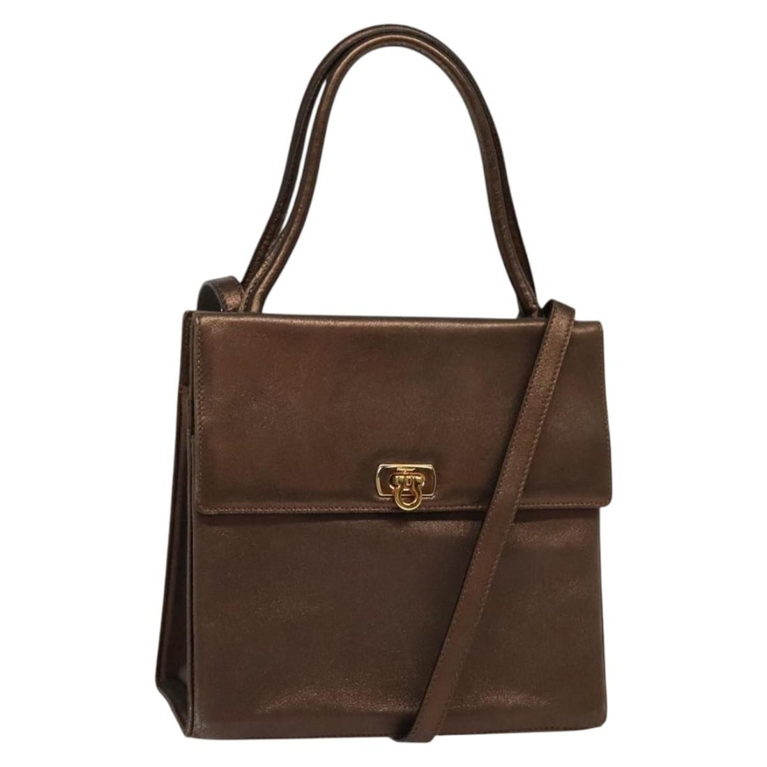 Salvatore Ferragamo Gancini Leather Hand Bag Bronze Gold Italy Auth (1 of 18)