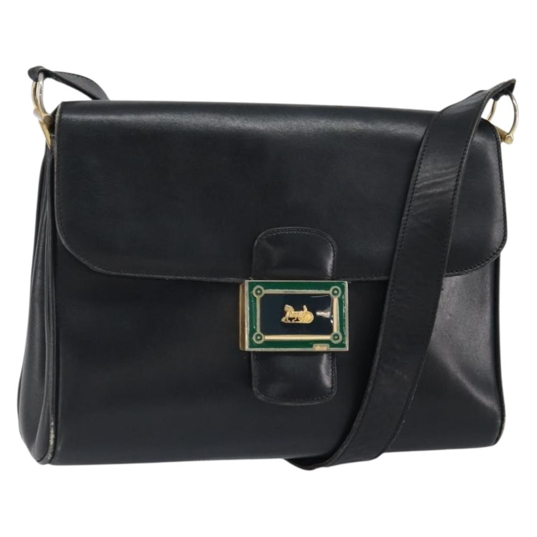 Celine Black Leather Horse Carriage Shoulder Bag Gold Hardware: Celine Black Leather Horse Carriage Shoulder Bag Gold Hardware This CELINE Horse Carriage shoulder bag features black leather with gold-tone accents. The bag has a structured silhouette and includes a