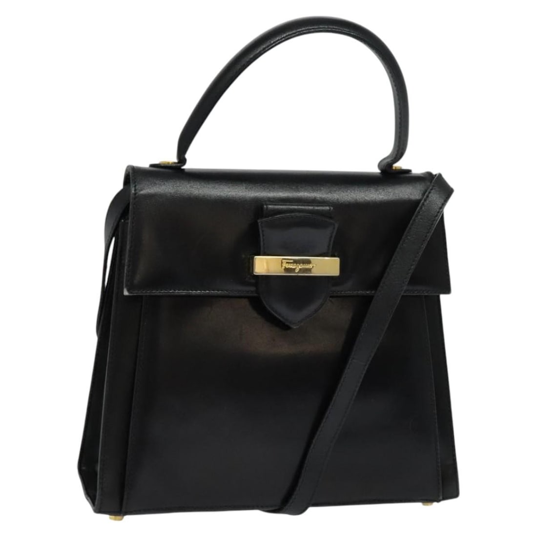 Salvatore Ferragamo 2-Way Handbag Black Leather Gold Accents Auth Italy: Salvatore Ferragamo 2-Way Handbag Black Leather Gold Accents Auth Italy This stylish Salvatore Ferragamo 2-way handbag showcases a sophisticated combination of black and gold leather, making it a vers