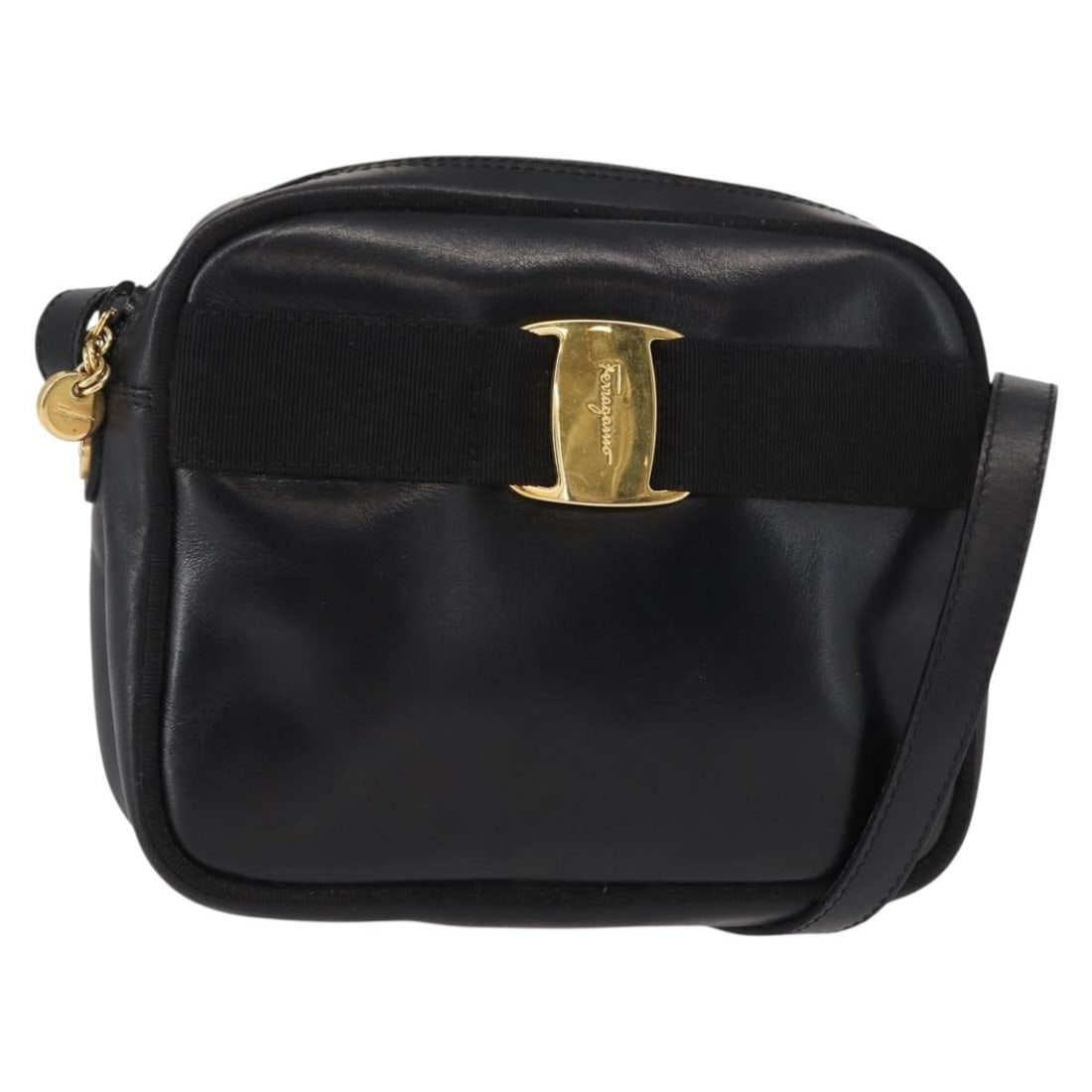Salvatore Ferragamo Vala Black Leather Shoulder Bag Gold Accents Auth (1 of 18)