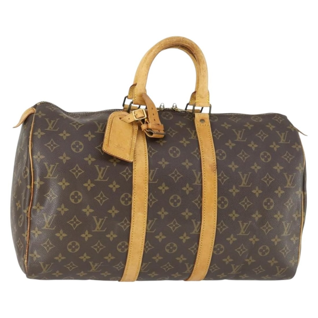 Louis Vuitton Keepall 45 Monogram Canvas Boston Bag M41428 with Name Tag: Louis Vuitton Keepall 45 Monogram Canvas Boston Bag M41428 with Name Tag This is a Louis Vuitton Monogram Keepall 45 Boston Bag, crafted from signature Monogram Canvas. The bag features a spacious int