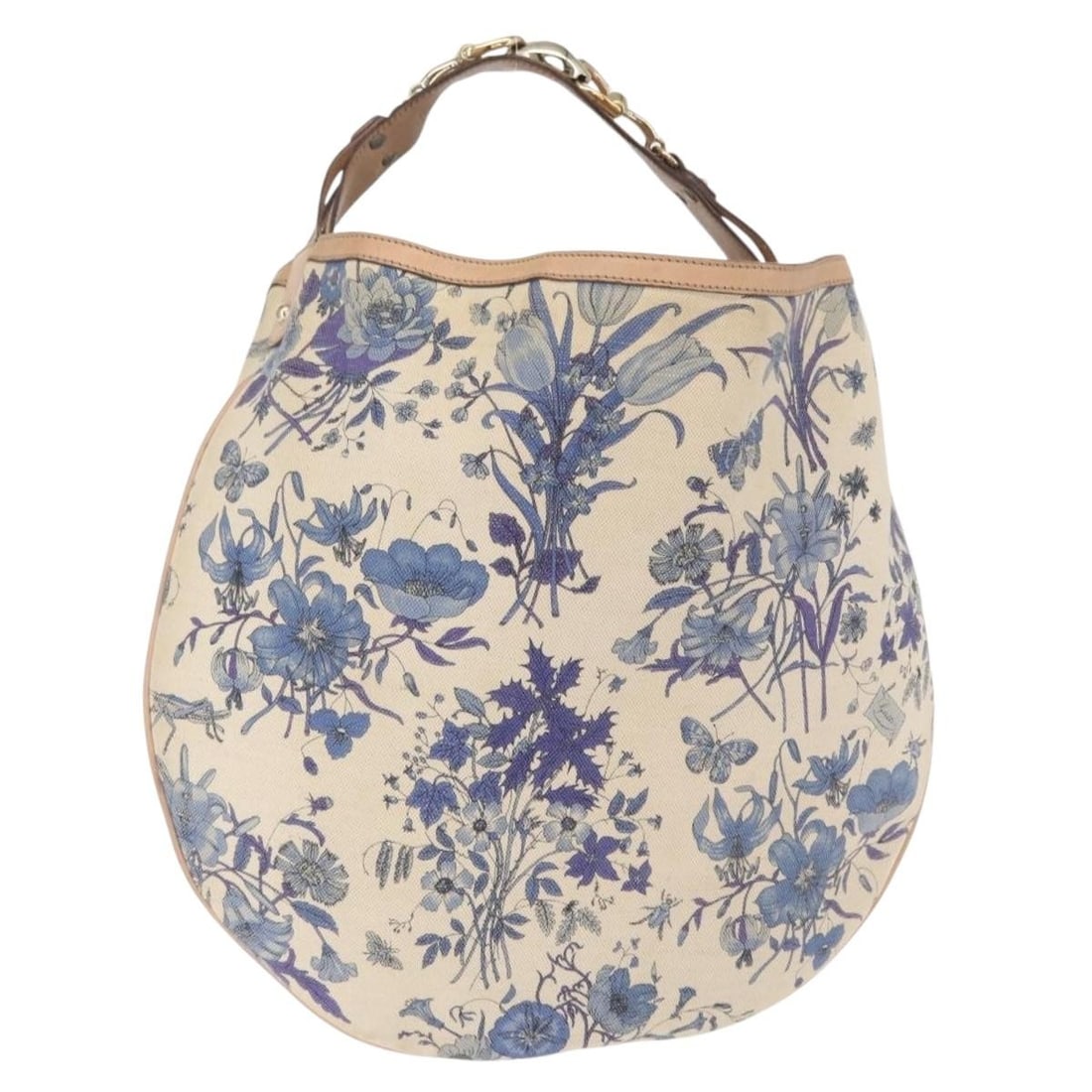 Beige Canvas Flora Horsebit Shoulder Bag by Gucci Model 170014: Beige Canvas Flora Horsebit Shoulder Bag by Gucci Model 170014 This GUCCI Flora Horsebit shoulder bag is crafted from beige and gold canvas and features a classic design with horsebit detailing. Made