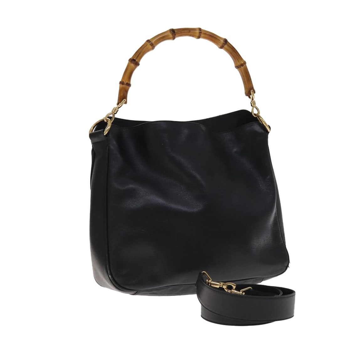 Black Leather Bamboo Top Handle Shoulder Bag Gucci 001 1705 1638 Italy: Black Leather Bamboo Top Handle Shoulder Bag Gucci 001 1705 1638 Italy This GUCCI bamboo handbag is crafted from black leather with gold-tone accents and features a versatile 2-way design. It includes