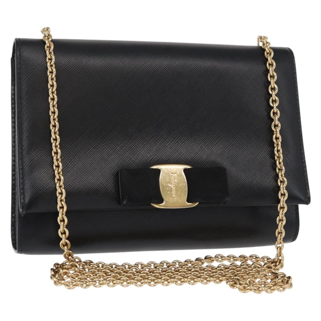 Salvatore Ferragamo Black Gold Leather Chain Shoulder Bag Auth 151702 (1 of 18)