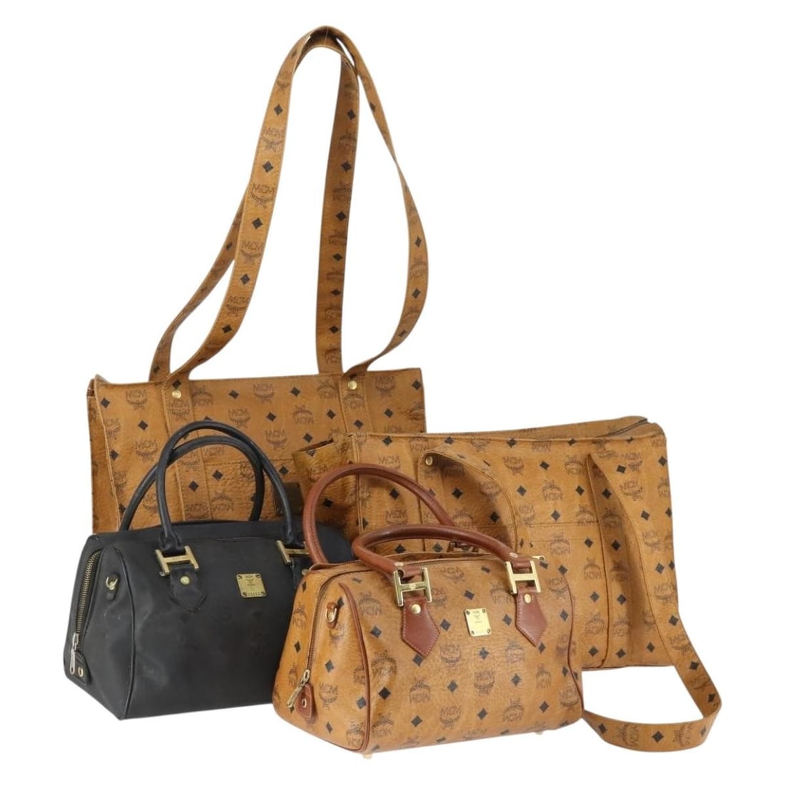 Set of 4 MCM Vicetos Logogram Brown Black PVC Leather Shoulder Bags: Set of 4 MCM Vicetos Logogram Brown Black PVC Leather Shoulder Bags This MCM Vicetos Logogram 4-piece shoulder bag set features a brown and black color scheme and is crafted from PVC leather. The set