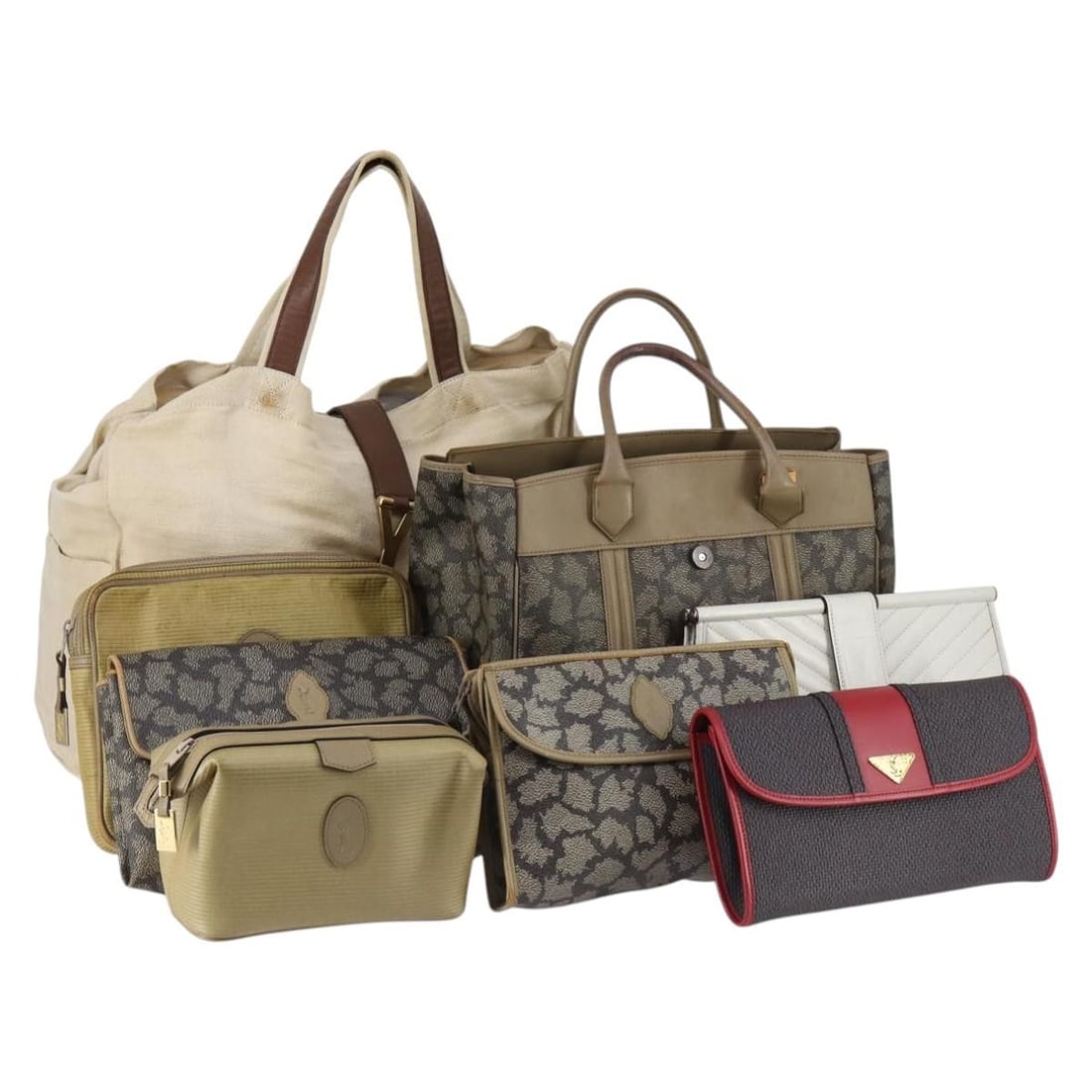 SAINT LAURENT Gray Beige White Leather Canvas PVC Shoulder Bag Set of 8 Auth: SAINT LAURENT Gray Beige White Leather Canvas PVC Shoulder Bag Set of 8 Auth This SAINT LAURENT shoulder bag is a chic combination of leather and canvas with a stylish PVC finish in gray, beige, and w