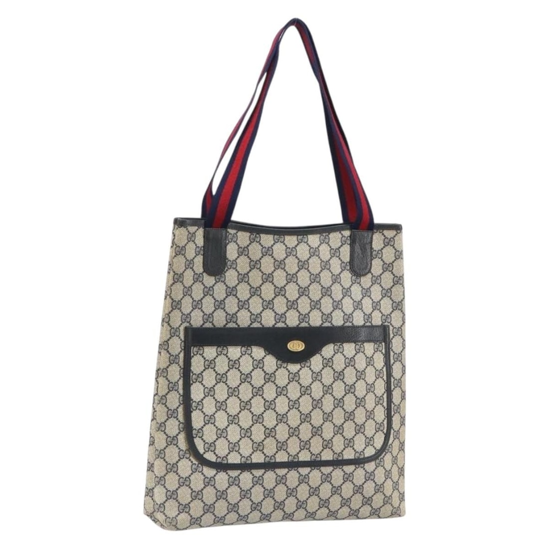 Navy Gold PVC GG Supreme Tote by Gucci Sherry Line Model 16 002 4487: Navy Gold PVC GG Supreme Tote by Gucci Sherry Line Model 16 002 4487 This is a Gucci GG Supreme Sherry Line tote bag crafted from PVC leather and GG canvas in navy and gold tones. The bag has a spacio