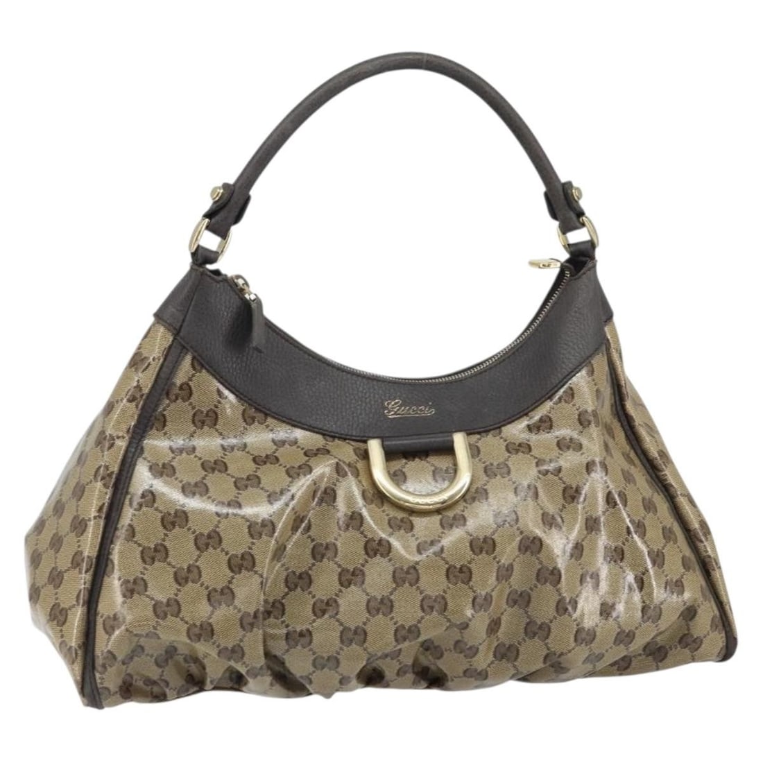 Beige Gold Coated Canvas GG Crystal Abbey Gucci Handbag Model 327786: Beige Gold Coated Canvas GG Crystal Abbey Gucci Handbag Model 327786 This is a Gucci GG Crystal Abbey handbag crafted in beige and gold coated GG canvas. Made in Italy, the handbag features a spacious