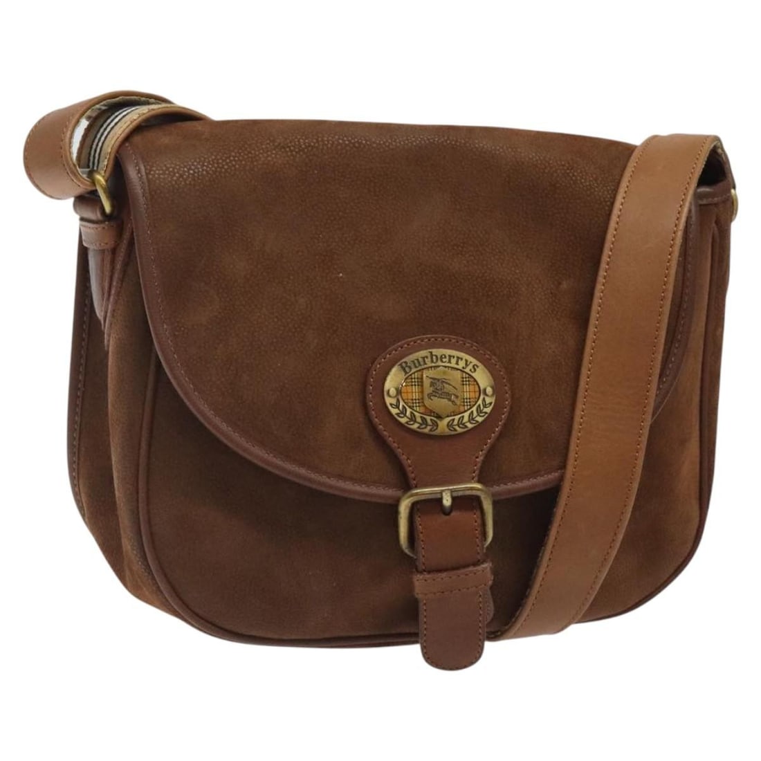 Burberrys Brown Suede Shoulder Bag with Gold Accents Made in Italy: Burberrys Brown Suede Shoulder Bag with Gold Accents Made in Italy This Burberrys shoulder bag is crafted from luxurious suede in a sophisticated brown and gold color combination. Designed for versati