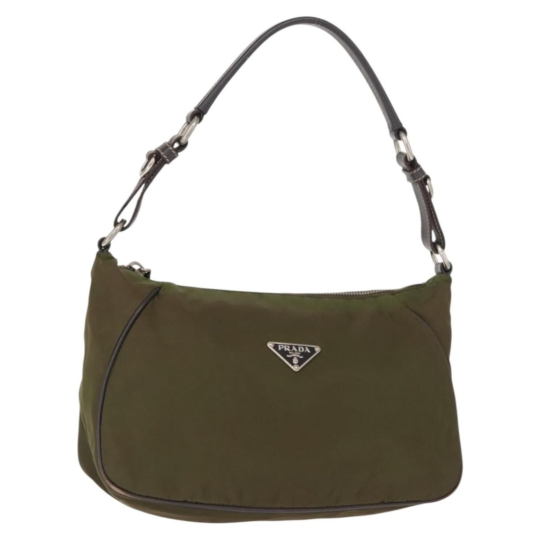 Khaki Nylon and Leather Prada Shoulder Bag Silver Tone Hardware: Khaki Nylon and Leather Prada Shoulder Bag Silver Tone Hardware This PRADA shoulder bag is crafted from khaki nylon with leather accents and features silver-tone hardware. Made in Italy, the bag offer