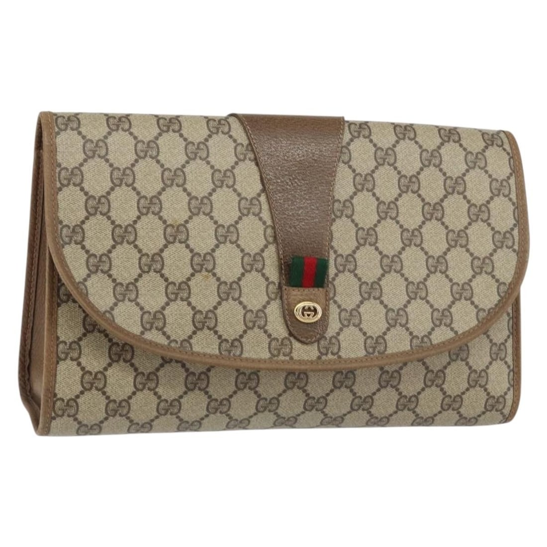 GUCCI GG Supreme Clutch Bag Beige Gold PVC Auth 89 01 031: GUCCI GG Supreme Clutch Bag Beige Gold PVC Auth 89 01 031 Elevate your accessory collection with this GUCCI GG Supreme Web Sherry Line Clutch Bag. Crafted in Italy, this stylish clutch features a luxu