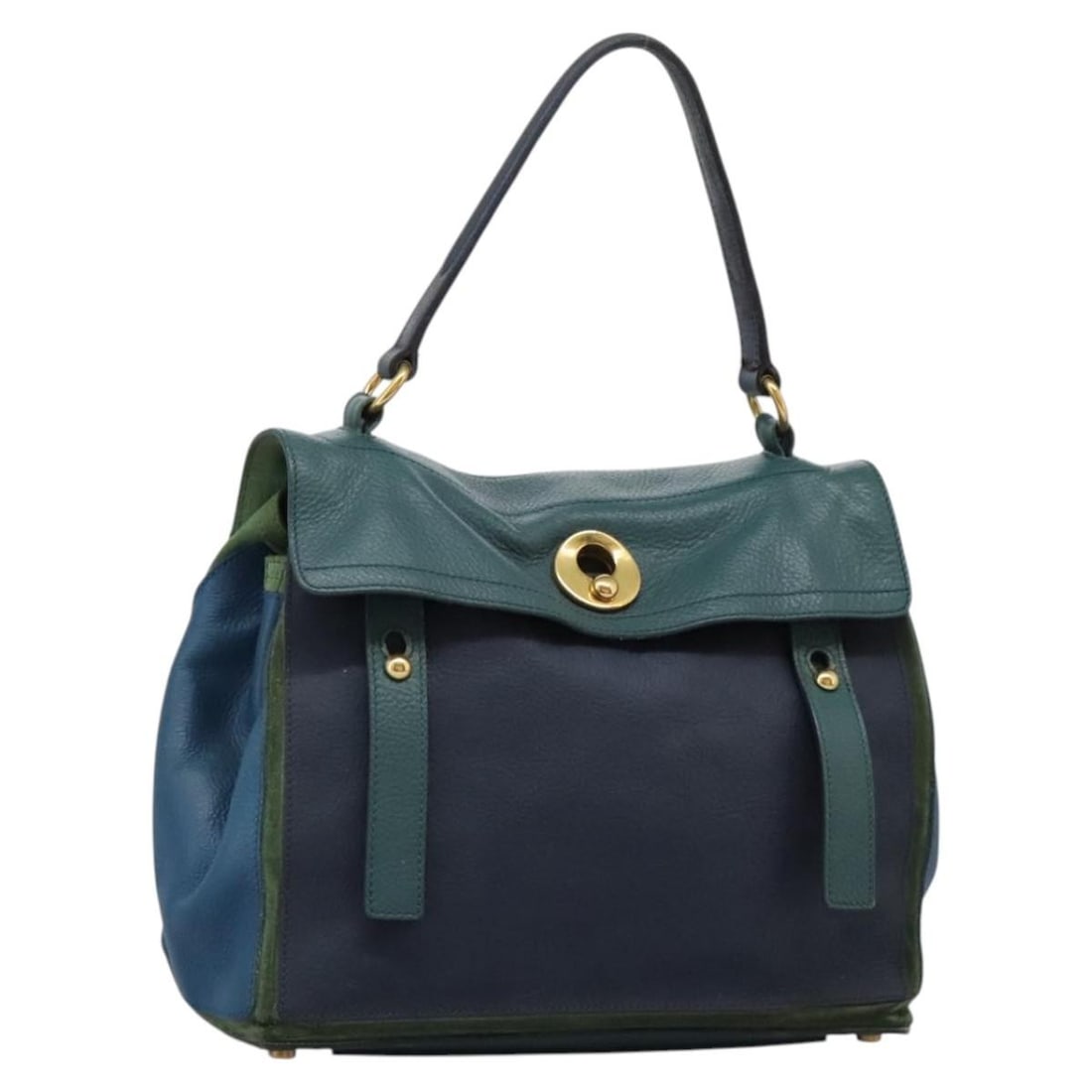 SAINT LAURENT Navy Gold Leather Hand Bag 197149 Made in Italy: SAINT LAURENT Navy Gold Leather Hand Bag 197149 Made in Italy This authentic SAINT LAURENT hand bag is crafted from luxurious leather in a striking navy and gold color combination. The bag measures ap