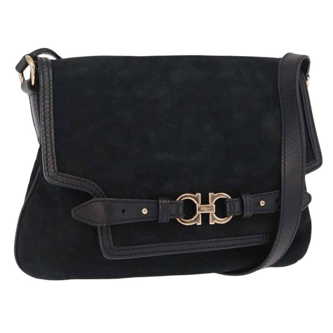 Black Suede Gancini Shoulder Bag by Salvatore Ferragamo Gold Accents: Black Suede Gancini Shoulder Bag by Salvatore Ferragamo Gold Accents This Salvatore Ferragamo Gancini shoulder bag is crafted from black suede leather with gold-tone accents. Made in Italy, it feature