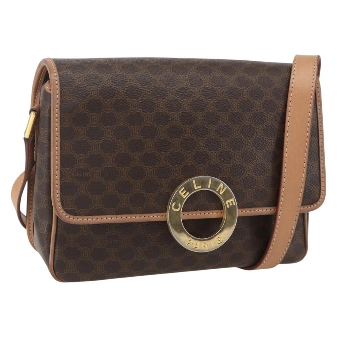 CELINE Macadam Brown PVC Canvas Circle Shoulder Bag with Gold Details: CELINE Macadam Brown PVC Canvas Circle Shoulder Bag with Gold Details This Celine Macadam Circle shoulder bag features a combination of brown and gold PVC leather and Macadam canvas. Made in Italy, th