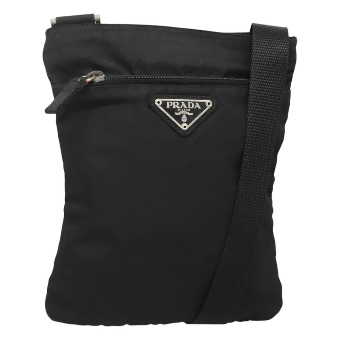 Authentic PRADA Black Nylon Shoulder Bag with Silver Accents: Authentic PRADA Black Nylon Shoulder Bag with Silver Accents This authentic PRADA shoulder bag combines functionality with a sleek aesthetic. Crafted from durable nylon, this bag features a sophistica