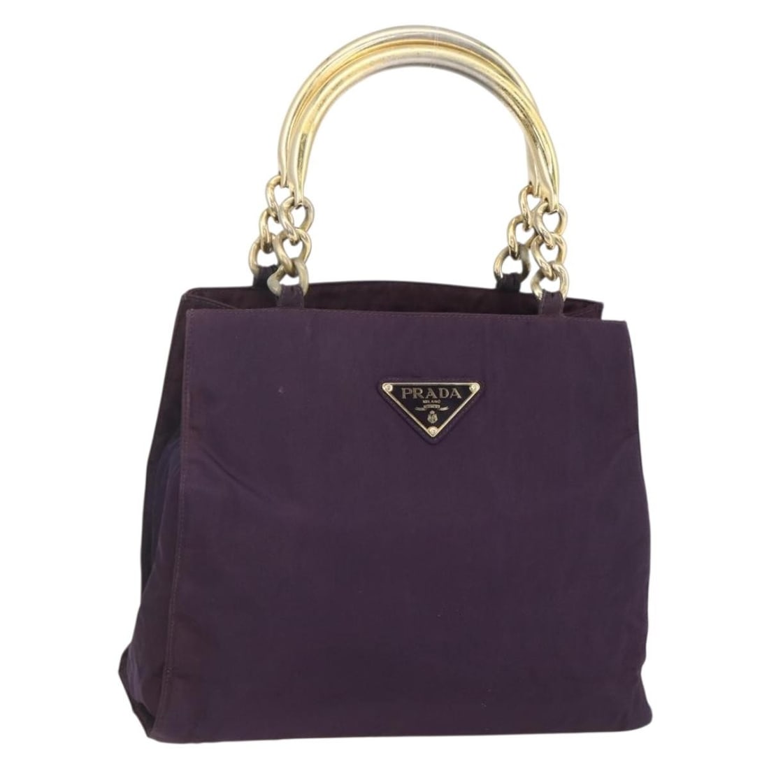 Purple and Gold Nylon Prada Handbag with Metal Accents Italy: Purple and Gold Nylon Prada Handbag with Metal Accents Italy This PRADA handbag is crafted from nylon in a striking purple and gold color combination. Featuring a classic hand bag style, it is made in