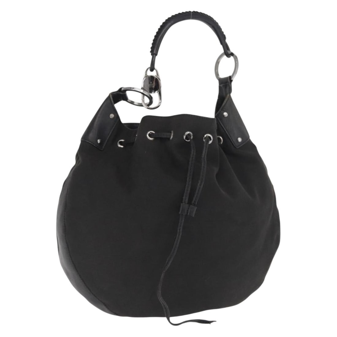 Gucci Black Canvas Shoulder Bag Model 109210 Silver Accents: Gucci Black Canvas Shoulder Bag Model 109210 Silver Accents This Gucci shoulder bag features black and silver canvas with silver-tone accents. The bag measures approximately 15 inches in length, 13 in