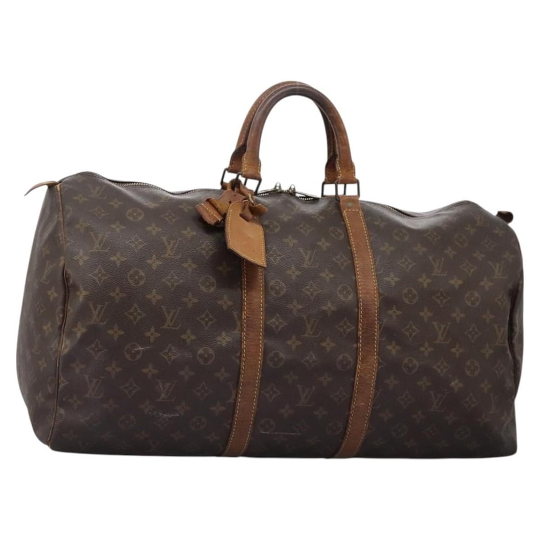 Louis Vuitton Keepall 55 Monogram Canvas Boston Bag M41424 with Name Tag: Louis Vuitton Keepall 55 Monogram Canvas Boston Bag M41424 with Name Tag This Louis Vuitton Monogram Keepall 55 Boston Bag features the signature monogram canvas exterior in a classic Boston bag style