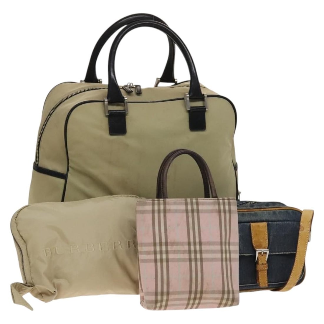 BURBERRY Hand Bag Denim Canvas 4Set Beige Blue Pink Authentic: BURBERRY Hand Bag Denim Canvas 4Set Beige Blue Pink Authentic This authentic BURBERRY handbag features a stylish blend of beige, blue, and pink canvas, perfect for adding a pop of color to your outfit