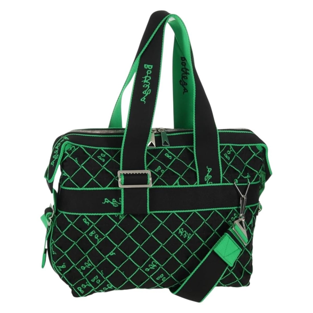 BOTTEGA VENETA Canvas Hand Bag Green Black Silver Authentic 2way: BOTTEGA VENETA Canvas Hand Bag Green Black Silver Authentic 2way This authentic Bottega Veneta hand bag exemplifies luxury and style. Crafted in Italy, this bag features a durable canvas exterior in a