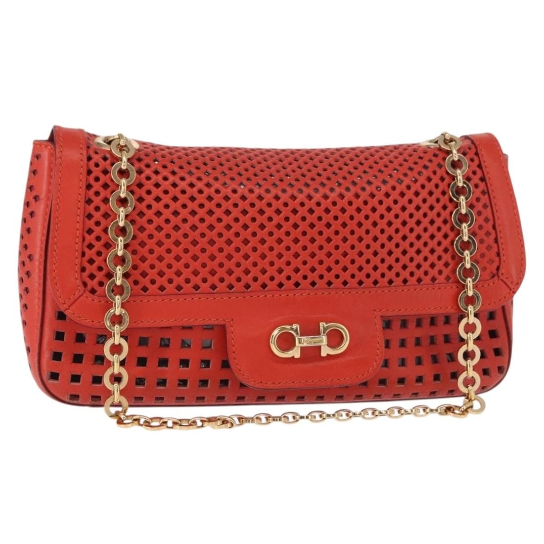 Salvatore Ferragamo Red Gold Gancini Leather Shoulder Bag BA8781: Salvatore Ferragamo Red Gold Gancini Leather Shoulder Bag BA8781 This Salvatore Ferragamo Gancini Chain Shoulder Bag combines elegance and functionality in a striking red and gold color scheme. Crafte