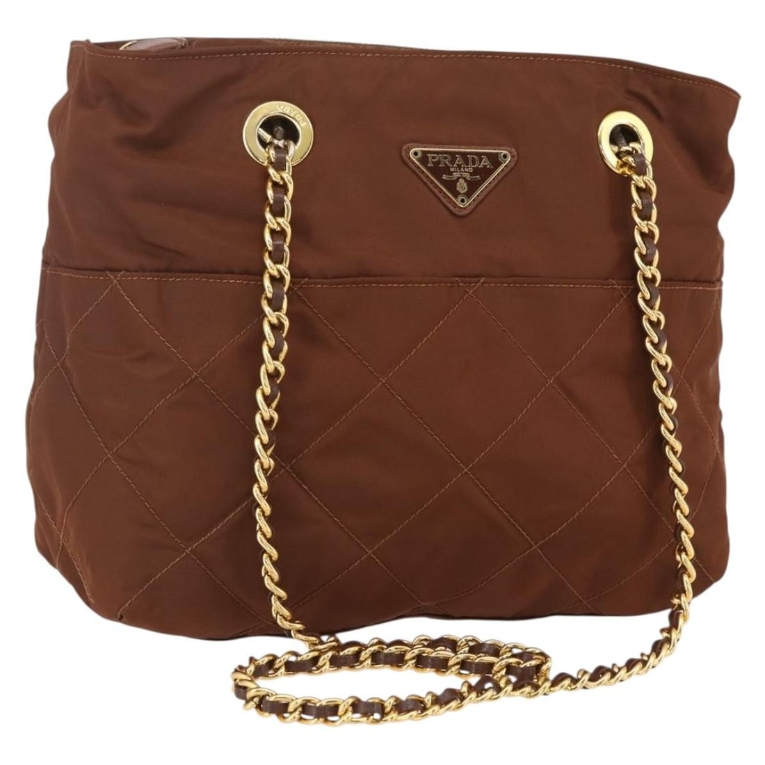 Brown and Gold Prada Quilted Nylon Chain Shoulder Bag Italy: Brown and Gold Prada Quilted Nylon Chain Shoulder Bag Italy This PRADA shoulder bag features a chain-quilted design crafted from brown and gold nylon. Made in Italy, it offers a practical and stylish