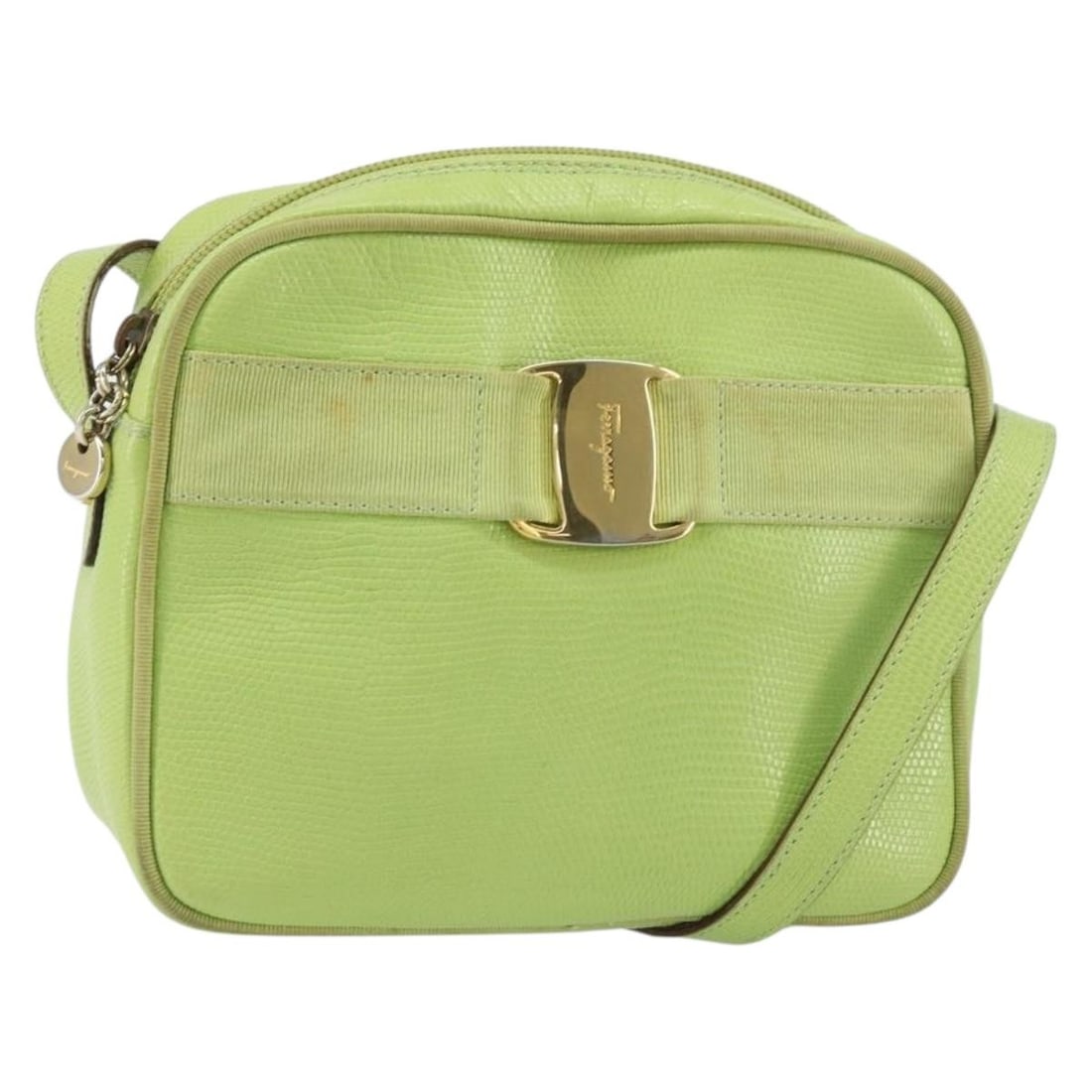 Salvatore Ferragamo Vala Leather Shoulder Bag Green Gold Auth BA8918 (1 of 18)