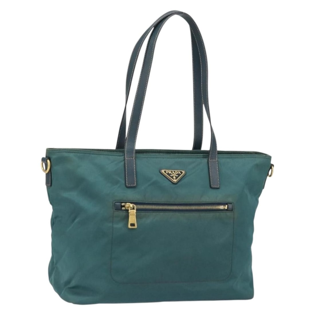 Prada Green Nylon Tote Bag with Gold Accents Made in Italy: Prada Green Nylon Tote Bag with Gold Accents Made in Italy This PRADA tote bag is crafted from green nylon with gold-tone accents. Made in Italy, it features dual top handles and a spacious interior.