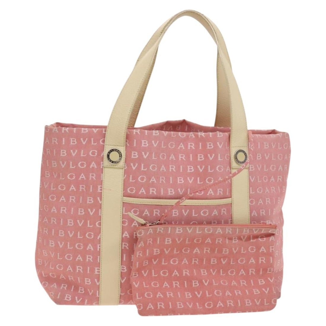 BVLGARI Logo Mania Pink Silver Canvas Tote Bag Auth MAEREA (1 of 18)