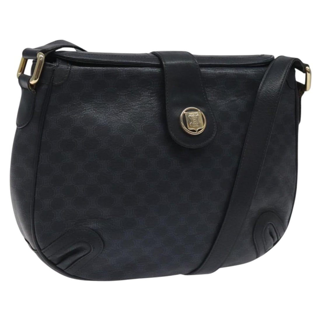 CELINE Macadam Canvas Leather Shoulder Bag Navy Gold Auth MO2 Italy: CELINE Macadam Canvas Leather Shoulder Bag Navy Gold Auth MO2 Italy This authentic CELINE Macadam Canvas Shoulder Bag combines luxurious leather with a stylish navy and gold color scheme. Crafted in I