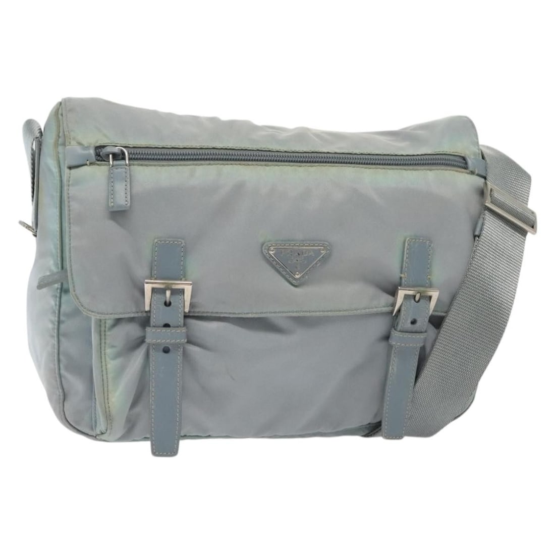 PRADA Light Blue Silver Nylon Shoulder Bag Made in Italy: PRADA Light Blue Silver Nylon Shoulder Bag Made in Italy This PRADA shoulder bag showcases a chic and modern design crafted from durable nylon in a stylish light blue and silver color combination. Mea
