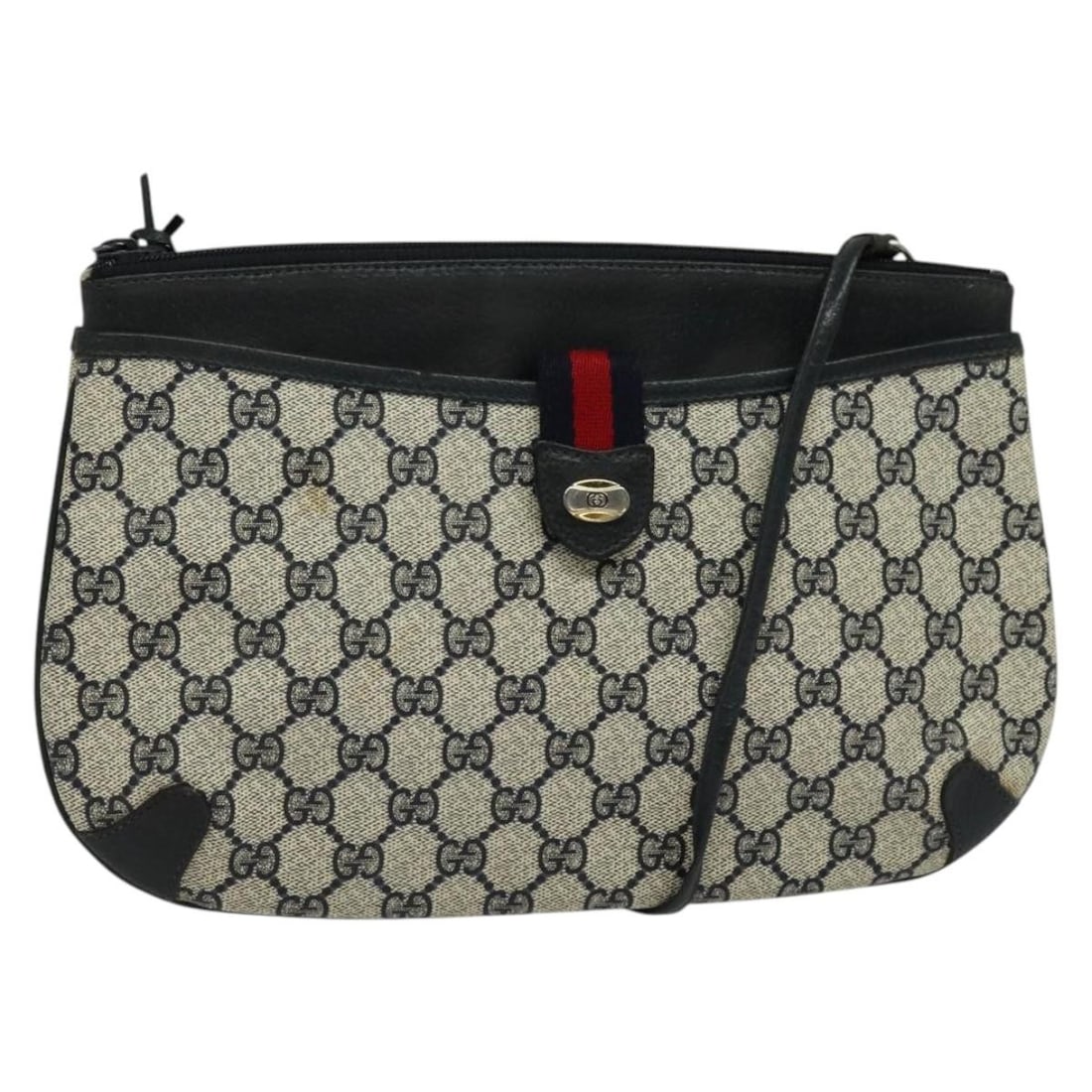 GUCCI GG Supreme Sherry Line Shoulder Bag Navy Gold PVC Auth 39 02 026: GUCCI GG Supreme Sherry Line Shoulder Bag Navy Gold PVC Auth 39 02 026 This GUCCI GG Supreme Sherry Line Shoulder Bag is a stylish accessory crafted from durable PVC leather with a chic navy and gold